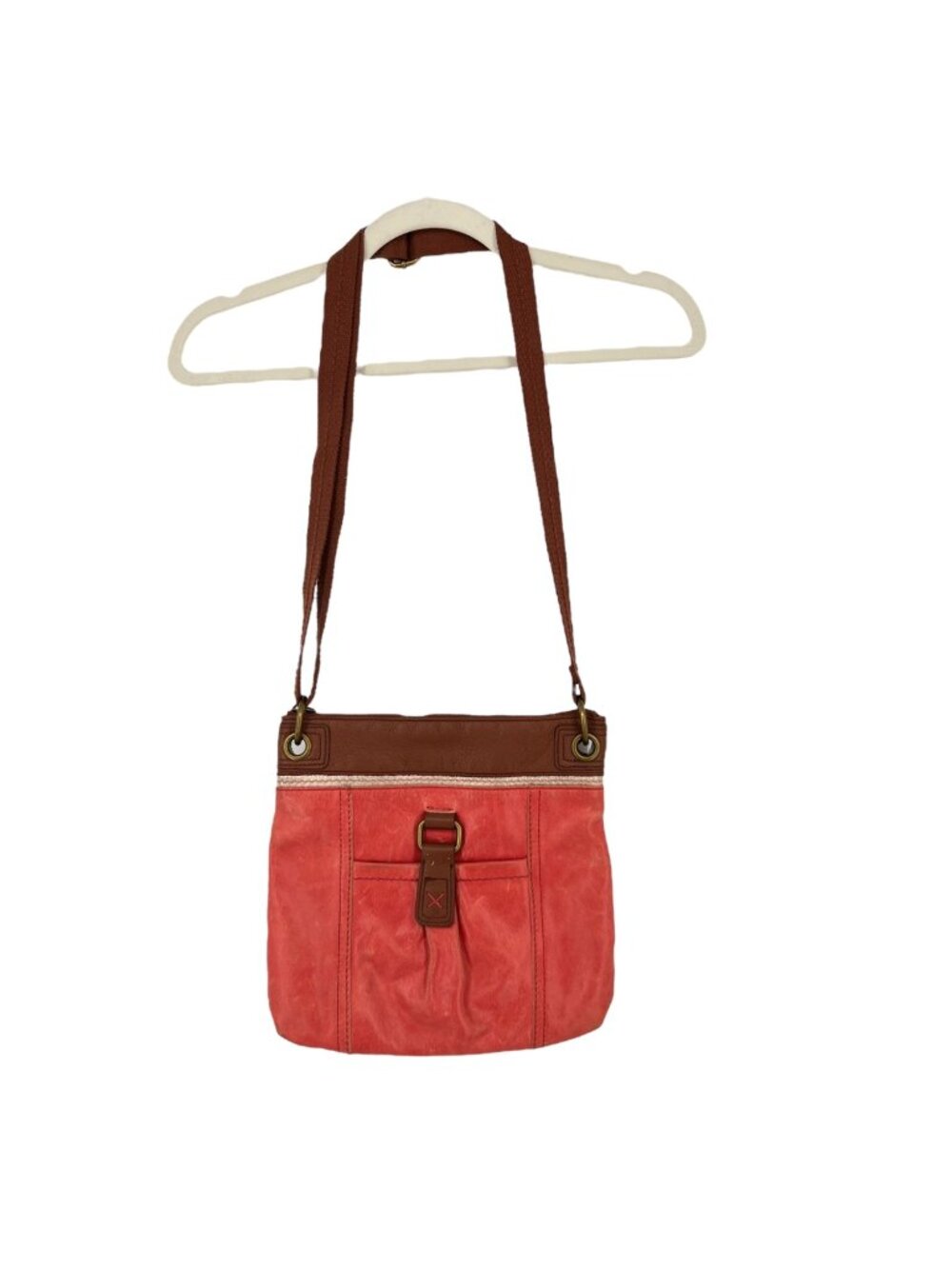 The Sak Kendra Coral Brown Leather Crossbody Bag Adjustable Strap Front Buckle